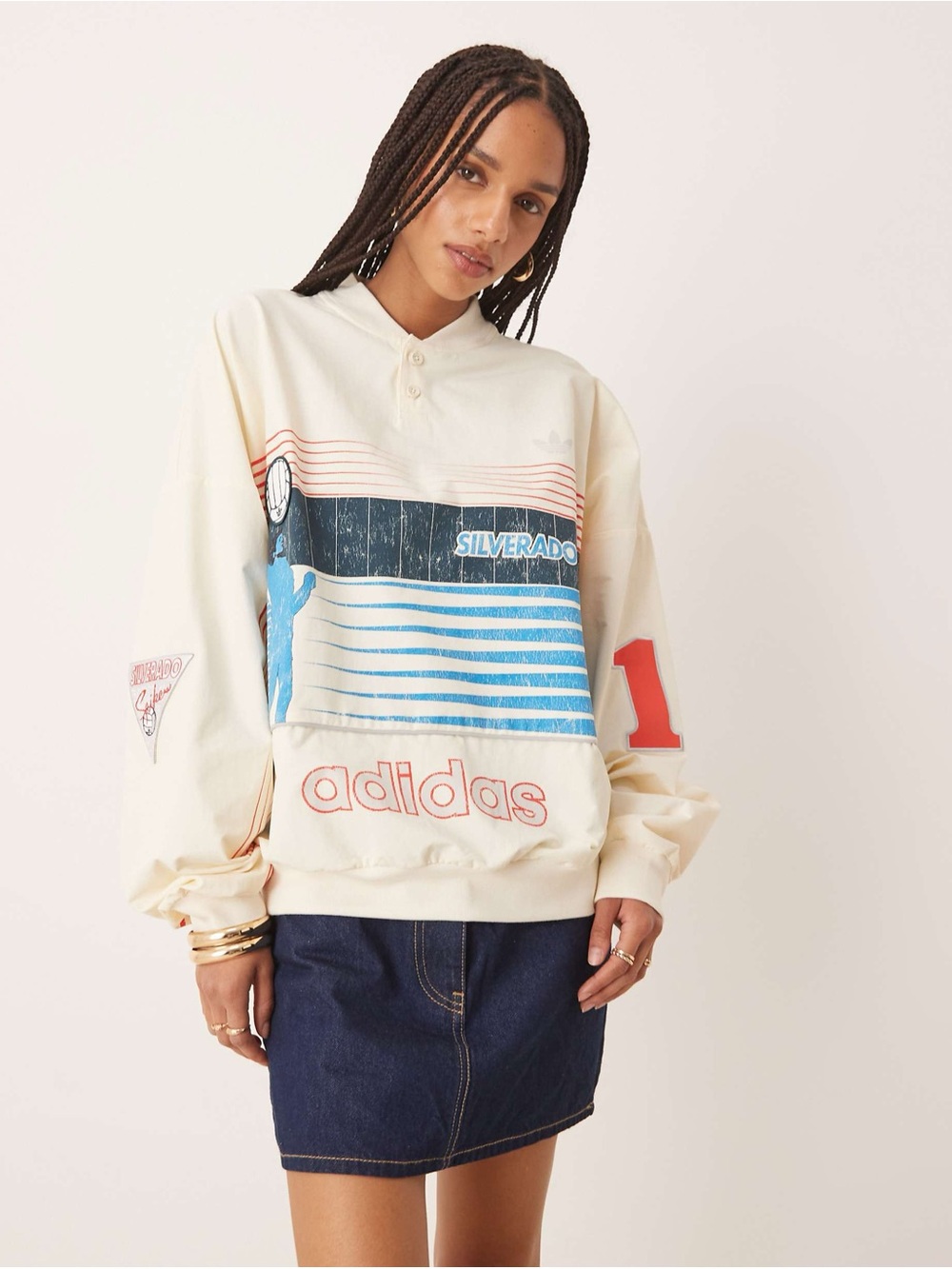 Adidas Originals retro graphic long sleeve crew neck T-shirt in cream